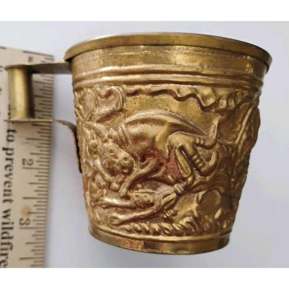 Vintage Greek Brass Vaphio Cup Replica Minoan Mycenaean Bull Relief 3"